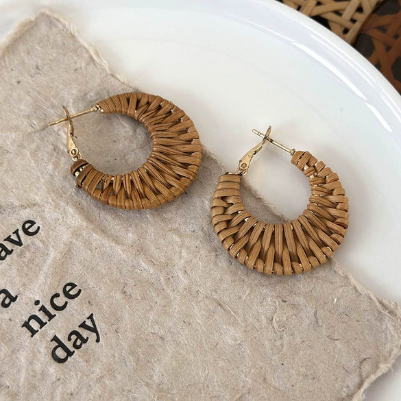 Handmade Wood Straw Rattan Geometric Women's Vacation Style Ring Earrings