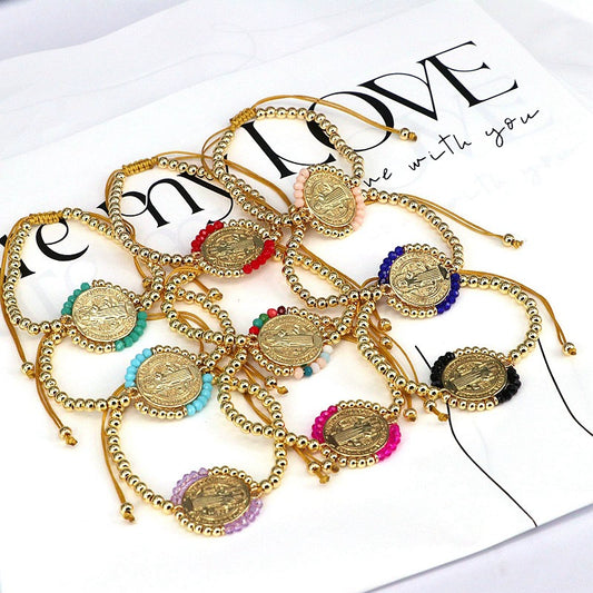 Handmade Woven Bracelet Jewelry With Crystal Copper Beads Geometric Round Gold Plated Electroplating For Women
