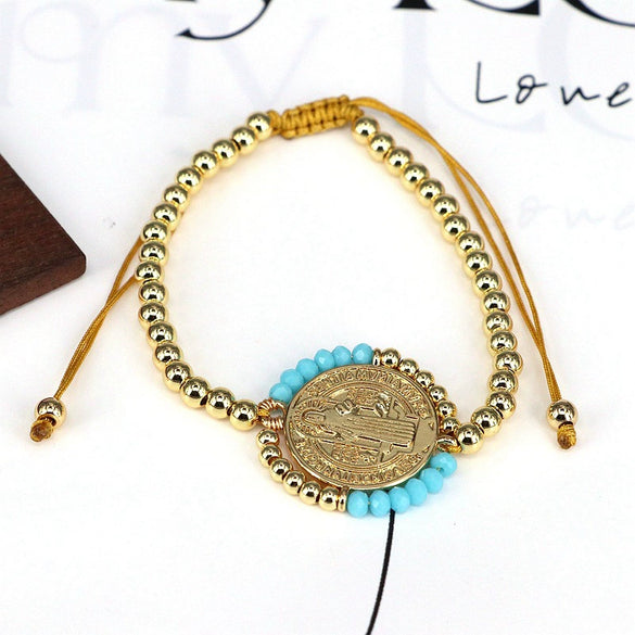 Handmade Woven Bracelet Jewelry With Crystal Copper Beads Geometric Round Gold Plated Electroplating For Women