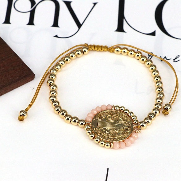 Handmade Woven Bracelet Jewelry With Crystal Copper Beads Geometric Round Gold Plated Electroplating For Women