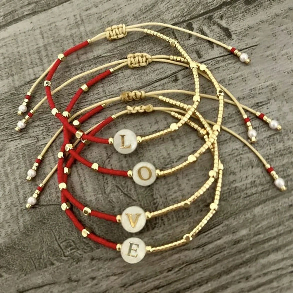 Handmade Woven Miyuki Beaded Hand Rope With Natural Shell And 26 Letter Design Geometric Metal Bracelet For Women