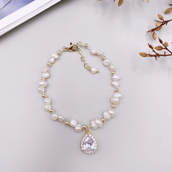 Handmade Woven Natural Pearl Bracelet With Rhombus Design For Women