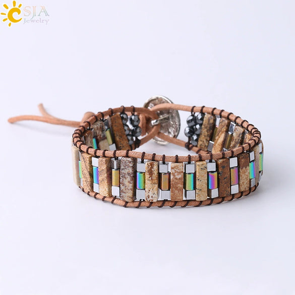 Handmade Woven Natural Stone Beaded Wrap Bracelet With Copper Alloy Accessories Long Square Minimalist Bracelet For Women