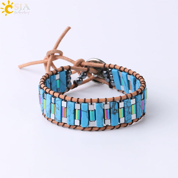 Handmade Woven Natural Stone Beaded Wrap Bracelet With Copper Alloy Accessories Long Square Minimalist Bracelet For Women