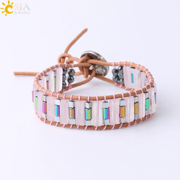 Handmade Woven Natural Stone Beaded Wrap Bracelet With Copper Alloy Accessories Long Square Minimalist Bracelet For Women
