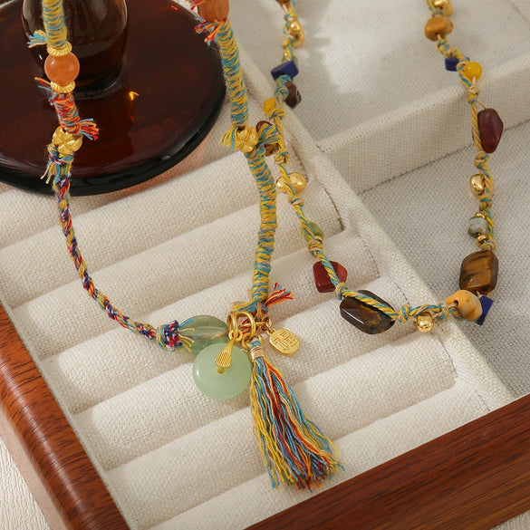 Handmade Woven Rope Necklace With Natural Stone Tassel And Beaded Geometric Pattern Lapis Lazuli Egg Yolk Stone Tiger Stone Copper Women's Highend Sweater Chain