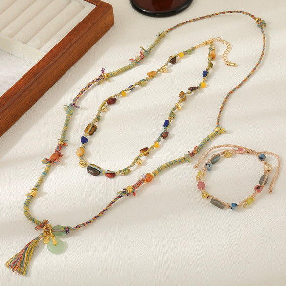 Handmade Woven Rope Necklace With Natural Stone Tassel And Beaded Geometric Pattern Lapis Lazuli Egg Yolk Stone Tiger Stone Copper Women's Highend Sweater Chain