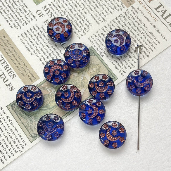 Handpainted Vintage Star And Moon Jewelry Bracelet Necklace With Czech Glass Beads And Circular Pattern Environmentally Friendly Handmade