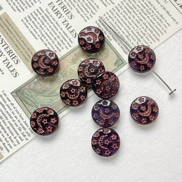 Handpainted Vintage Star And Moon Jewelry Bracelet Necklace With Czech Glass Beads And Circular Pattern Environmentally Friendly Handmade