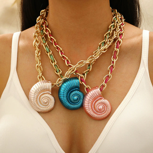 Handwoven Colorful Rope Conch And Starfish Necklace For Women In Bohemian Ocean Style With Electroplating Made Of Mixed Materials And Alloy