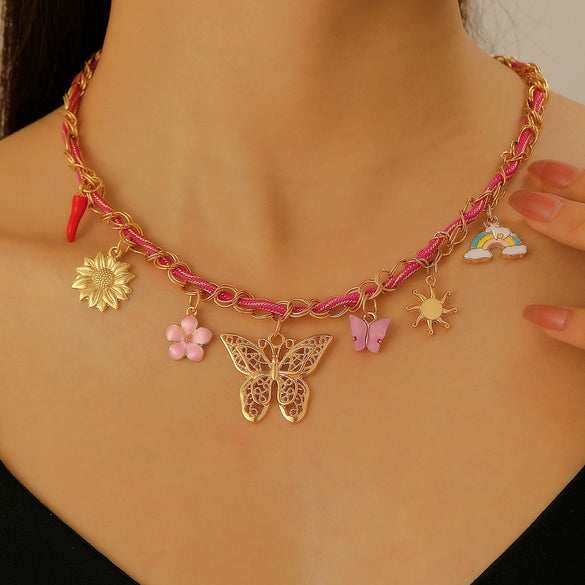 Handwoven Colorful Rope Conch And Starfish Necklace For Women In Bohemian Ocean Style With Electroplating Made Of Mixed Materials And Alloy