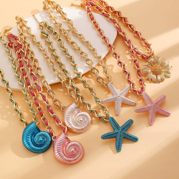 Handwoven Colorful Rope Conch And Starfish Necklace For Women In Bohemian Ocean Style With Electroplating Made Of Mixed Materials And Alloy