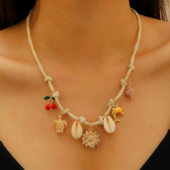 Handwoven Colorful Rope Conch And Starfish Necklace For Women In Bohemian Ocean Style With Electroplating Made Of Mixed Materials And Alloy
