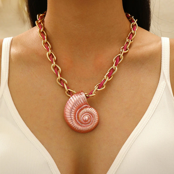Handwoven Colorful Rope Conch And Starfish Necklace For Women In Bohemian Ocean Style With Electroplating Made Of Mixed Materials And Alloy