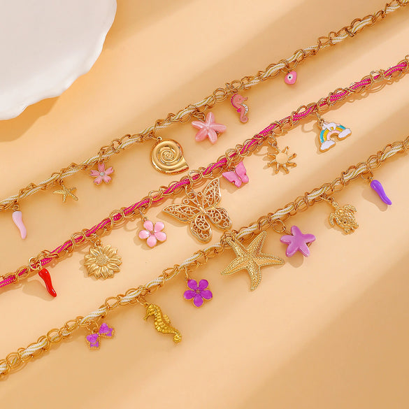 Handwoven Colorful Rope Conch And Starfish Necklace For Women In Bohemian Ocean Style With Electroplating Made Of Mixed Materials And Alloy