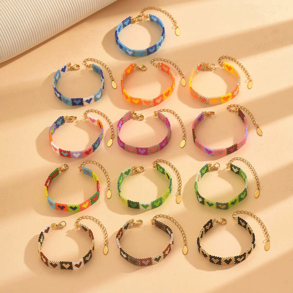 Handwoven Glass And Stainless Steel Heart Bracelet With Colorful Checkered Pattern