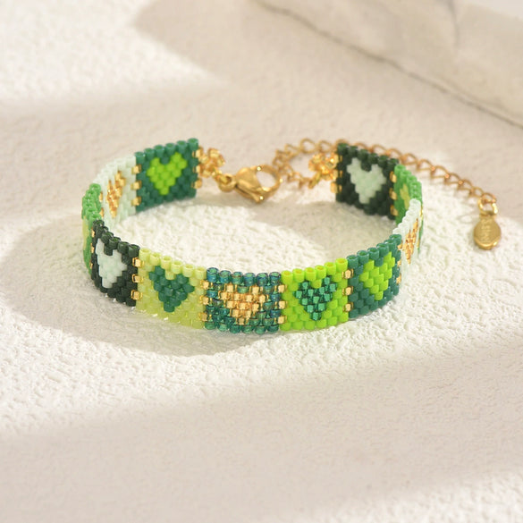 Handwoven Glass And Stainless Steel Heart Bracelet With Colorful Checkered Pattern