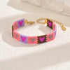 Handwoven Glass And Stainless Steel Heart Bracelet With Colorful Checkered Pattern