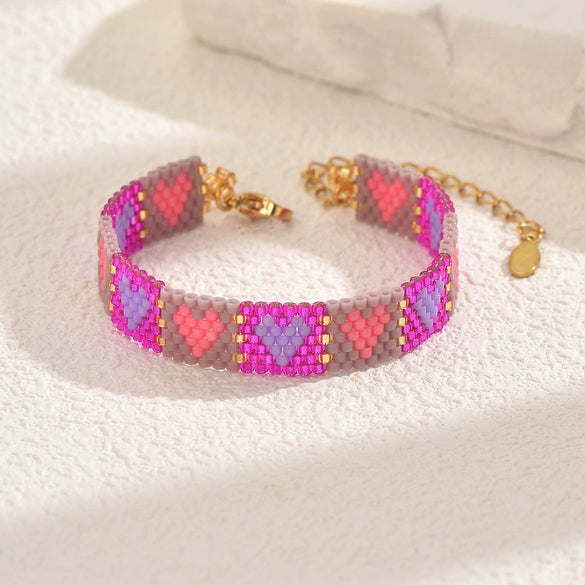 Handwoven Glass And Stainless Steel Heart Bracelet With Colorful Checkered Pattern