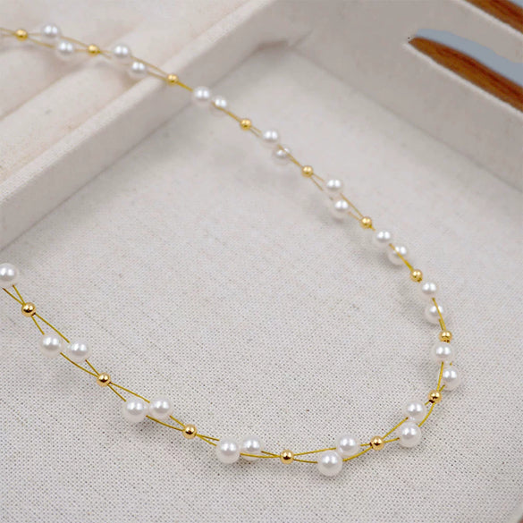 Handwoven Imitation Pearl Cross Chain Geometric Niche Design Women's Neckchain