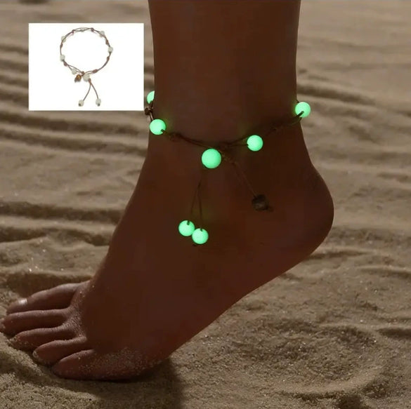 Handwoven Luminous Bohemian Style Bracelet Anklet With Rice Beads Alloy And Geometric Fivepointed Star For Women