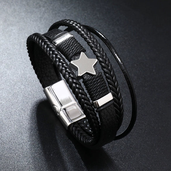 Handwoven Multilayer Leather Bracelet With Star And Fivepointed Star Micropaved For Men And Women