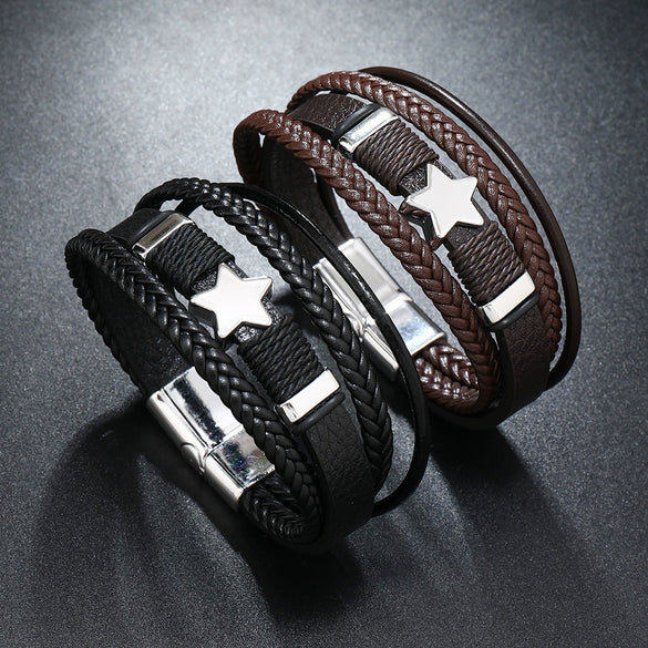 Handwoven Multilayer Leather Bracelet With Star And Fivepointed Star Micropaved For Men And Women