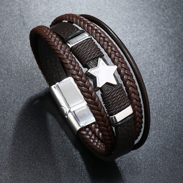 Handwoven Multilayer Leather Bracelet With Star And Fivepointed Star Micropaved For Men And Women