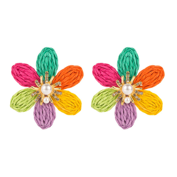 Handwoven Raffia Flower Alloy Diamond Pearl Stud Earrings For Women