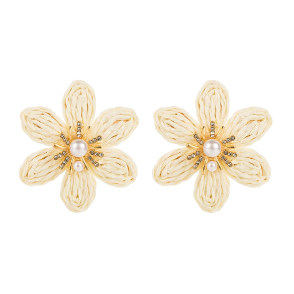 Handwoven Raffia Flower Alloy Diamond Pearl Stud Earrings For Women