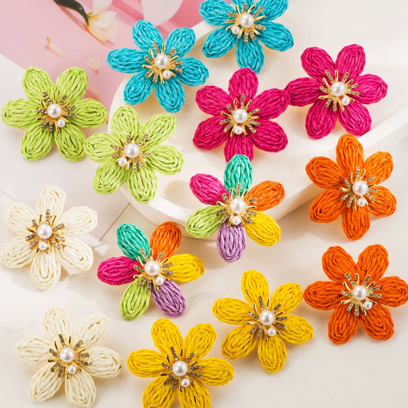 Handwoven Raffia Flower Alloy Diamond Pearl Stud Earrings For Women