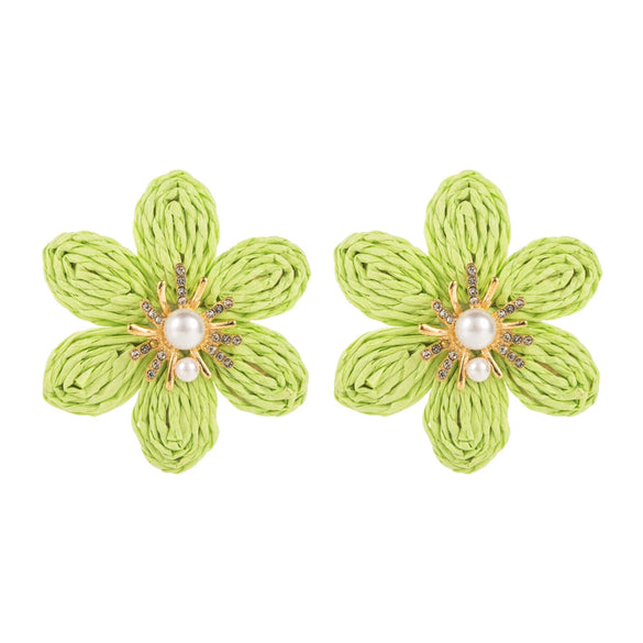 Handwoven Raffia Flower Alloy Diamond Pearl Stud Earrings For Women