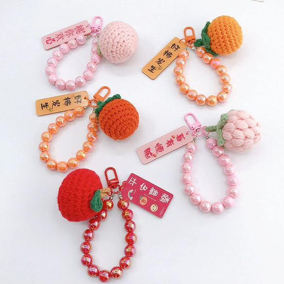 Handwoven Wool Fruitshaped Key Chain With Beads For Women