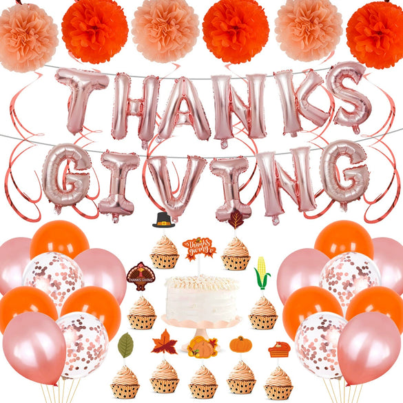 Happy Thanksgiving Rose Gold Letter Balloons Aluminum Foil Round Party Decorations For Interior Event Decor