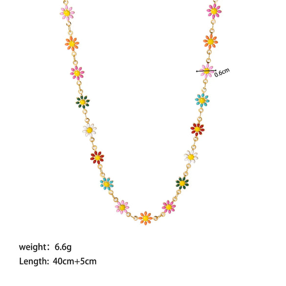 Hawaiian Bohemian Chrysanthemum Stainless Steel Enamel Plating Necklace