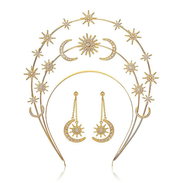 Headband Crown And Earrings Alloy Handmade Bohemian Sun Moon Sixpointed Star Women's Fashion Accessories