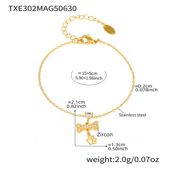 Heart Bone Zircon Pendant Stacked Clavicle Necklace Bracelet Set In Stainless Steel With Electroplating For Women