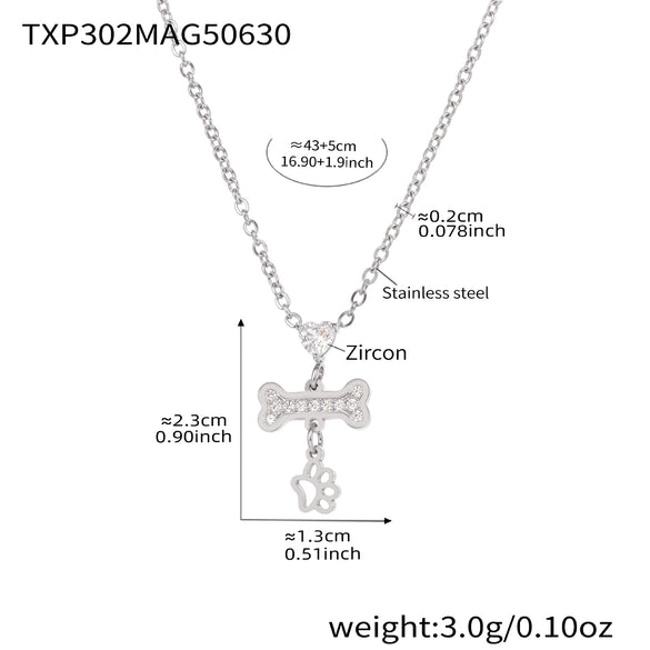 Heart Bone Zircon Pendant Stacked Clavicle Necklace Bracelet Set In Stainless Steel With Electroplating For Women