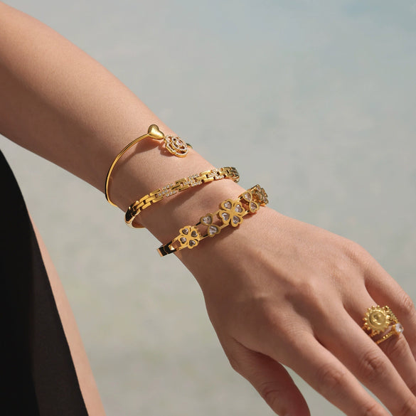 Heart Fourleaf Flower Stainless Steel Bracelet With Vacuum Electroplated 18K Real Gold For Women