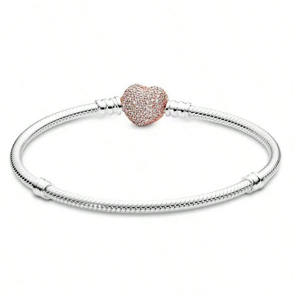 Heart Shape Clasp Plated Copper Snake Chain Beaded Bracelet Plain Engraved Style Couple Bracelet For Women And Men