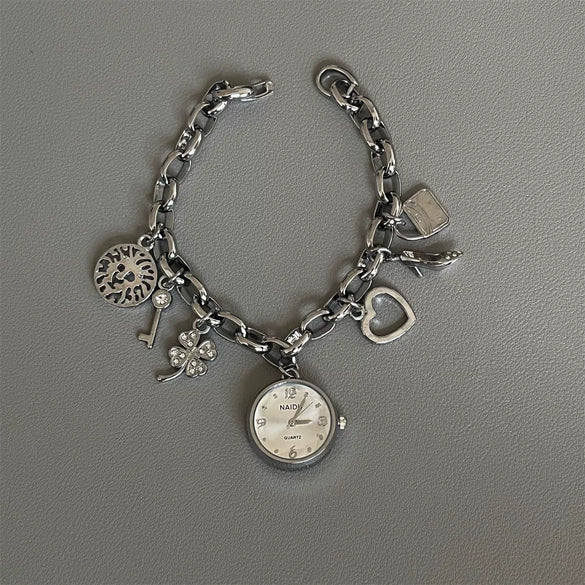 Heart Shaped Pendant Chain Bracelet Watch For Women Alloy Case Round Dial Spiral Crown Creative Personality