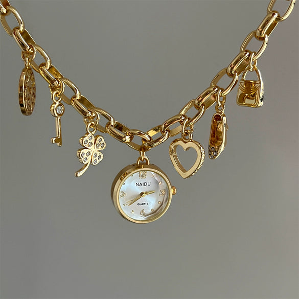 Heart Shaped Pendant Chain Bracelet Watch For Women Alloy Case Round Dial Spiral Crown Creative Personality