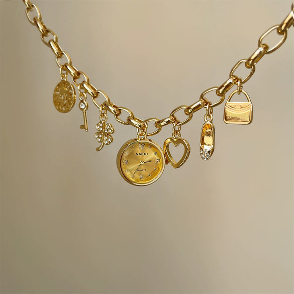 Heart Shaped Pendant Chain Bracelet Watch For Women Alloy Case Round Dial Spiral Crown Creative Personality