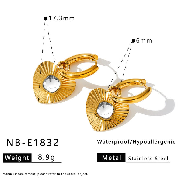Heart Shaped Stainless Steel Earrings With Rhinestone Inlay And 18K Gold Vacuum Plating For Women