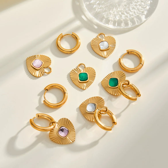 Heart Shaped Stainless Steel Earrings With Rhinestone Inlay And 18K Gold Vacuum Plating For Women