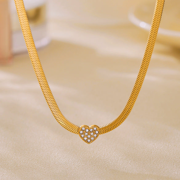 Heart Zircon Stainless Steel Necklace And Bracelet Set In Ins Minimalist Light Luxury Style With Electroplating