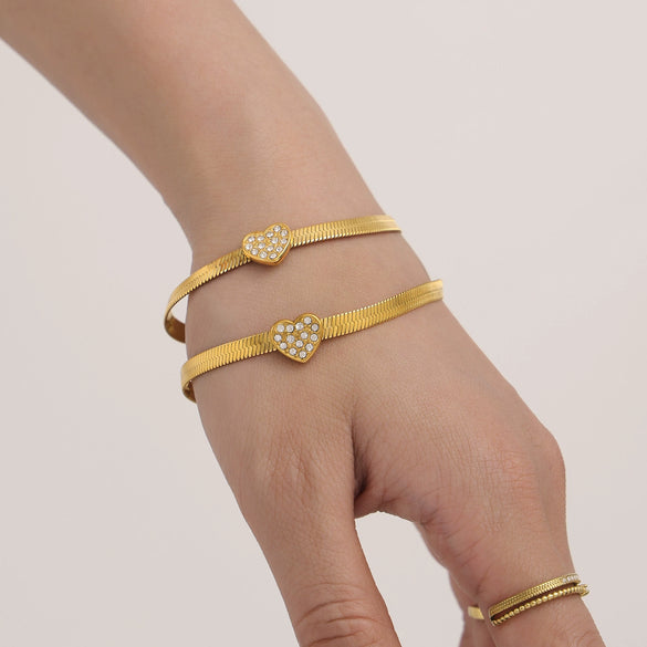 Heart Zircon Stainless Steel Necklace And Bracelet Set In Ins Minimalist Light Luxury Style With Electroplating