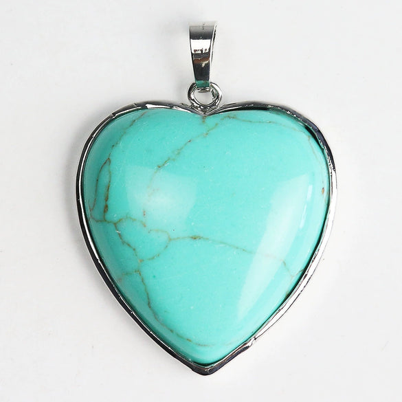 Heartshaped Copper Pendant With Silvertone Electroplated Edge And Turquoise Crystal Agate Semiprecious Stone Inlay