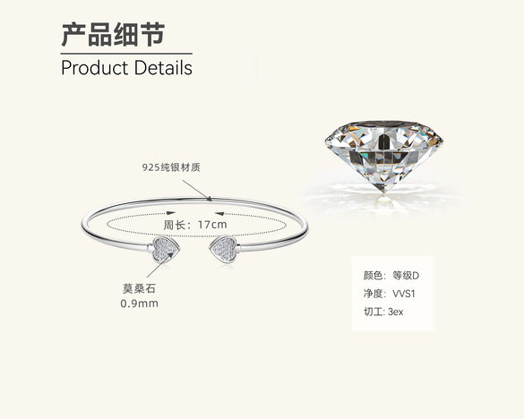 Heartshaped Moissanite Sterling Silver Electroplated Women's Bracelet