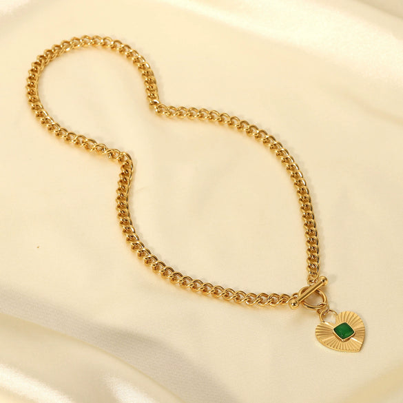 Heartshaped Pendant Cuban Chain Necklace For Women Made Of Stainless Steel With Electroplating And Green Agate Ote Buckle